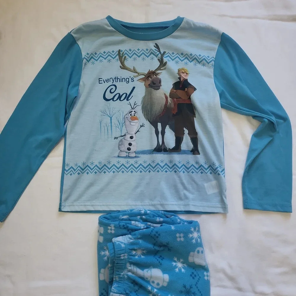 Disney Frozen Blue White Christophe Sven Fleece Bottom Long Sleeve Pajama Set 10